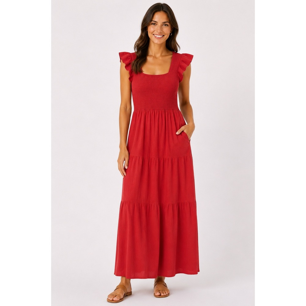 Lucky Brand Red Smocked Tiered Maxi Dress Ruffle Cap Sleeve Square Neck Large